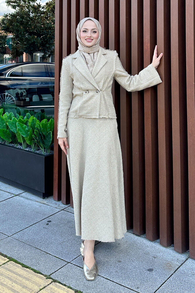 Tweed Tüvit Etekli Takım - Camel - 4