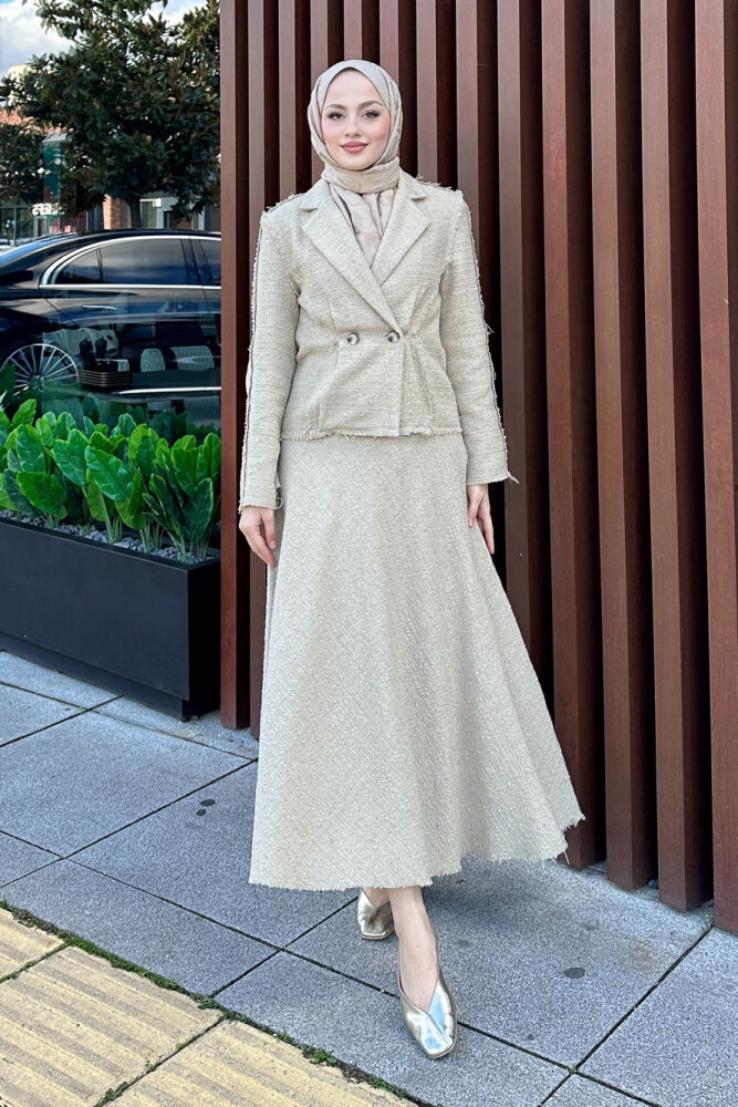 Tweed Tüvit Etekli Takım - Camel 