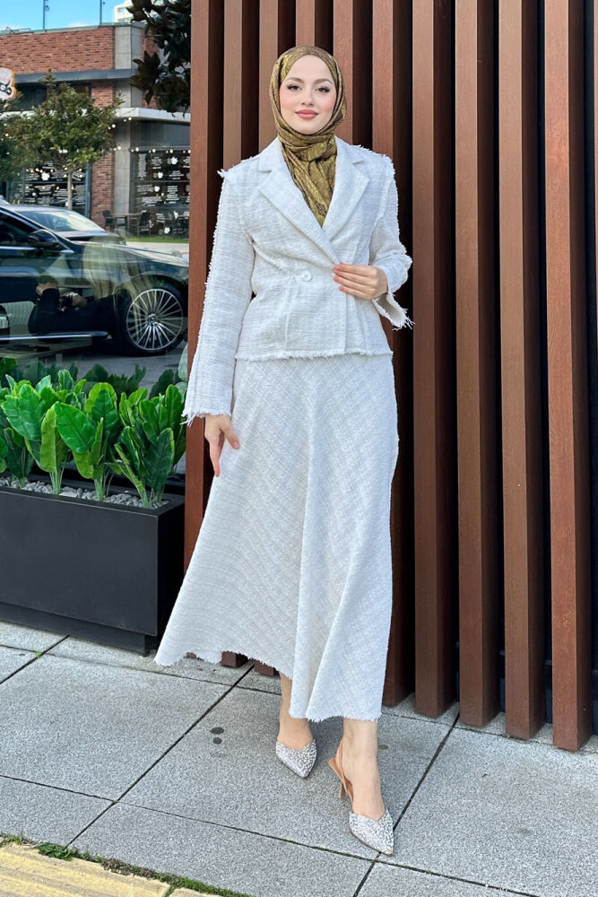 Tweed Tüvit Etekli Takım - Ekru - 1