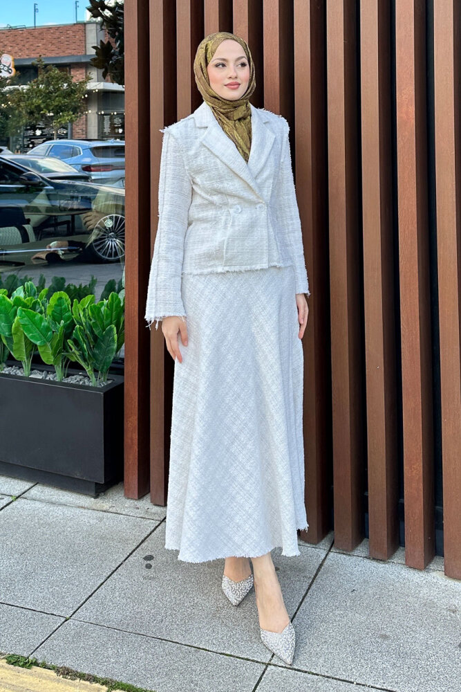 Tweed Tüvit Etekli Takım - Ekru - 4