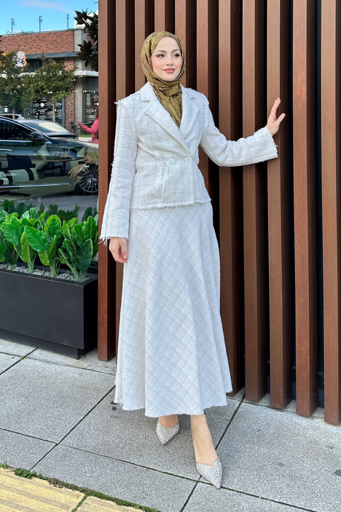 Tweed Tüvit Etekli Takım - Ekru - 6