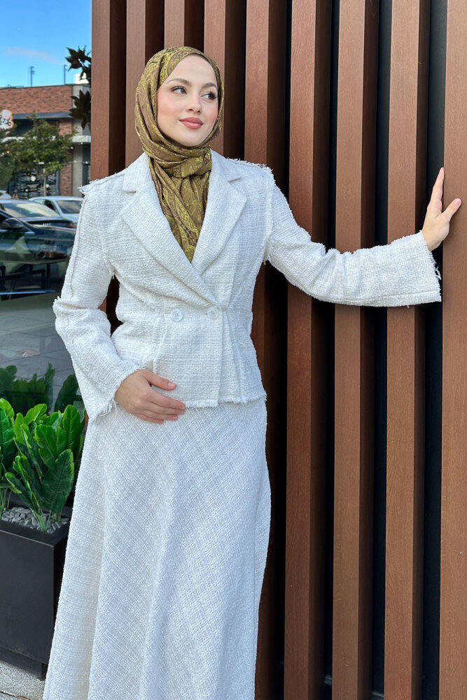 Tweed Tüvit Etekli Takım - Ekru - 7