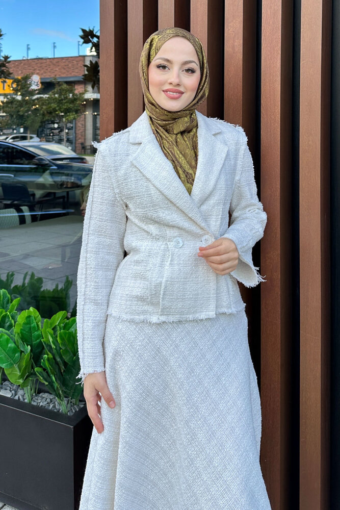 Tweed Tüvit Etekli Takım - Ekru - 5