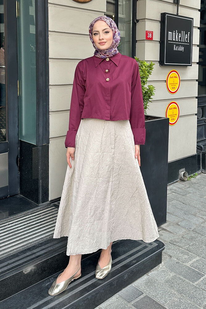 Üç Düğmeli Büzgülü Gömlek - Burgonya - HENZA (5)