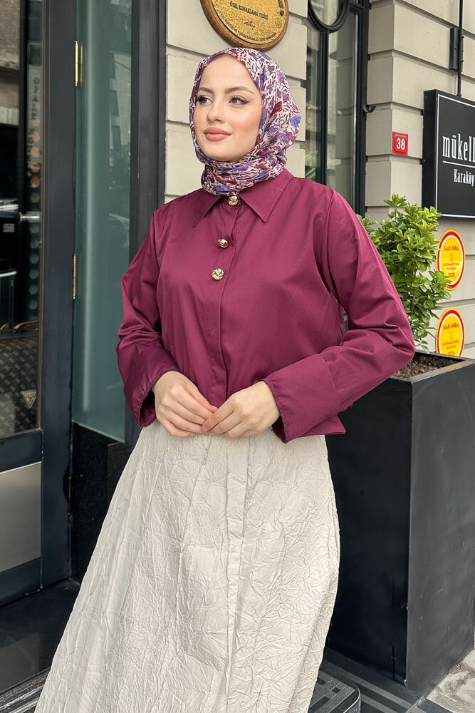 Üç Düğmeli Büzgülü Gömlek - Burgonya - 3