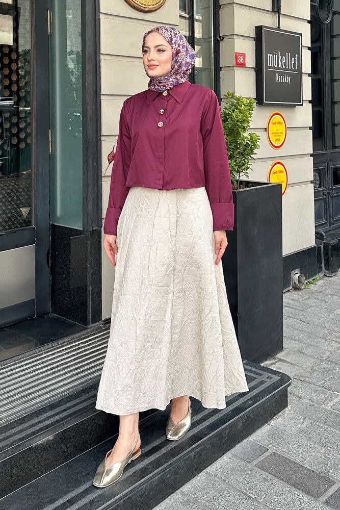 Üç Düğmeli Büzgülü Gömlek - Burgonya - HENZA (1)