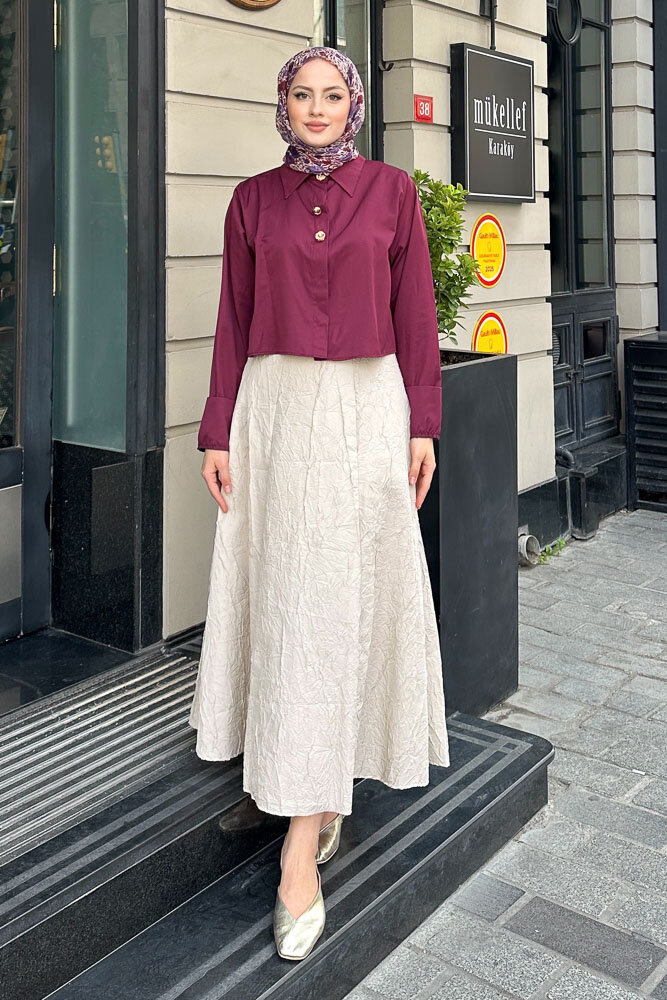 Üç Düğmeli Büzgülü Gömlek - Burgonya - HENZA (3)