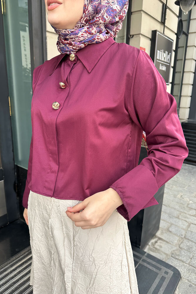 Üç Düğmeli Büzgülü Gömlek - Burgonya - HENZA (4)