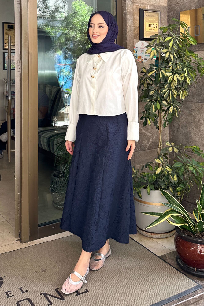 Üç Düğmeli Büzgülü Gömlek - Ekru - HENZA (2)