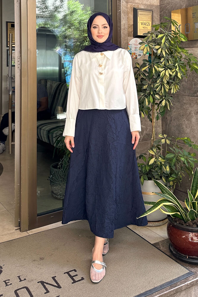 Üç Düğmeli Büzgülü Gömlek - Ekru - HENZA (4)