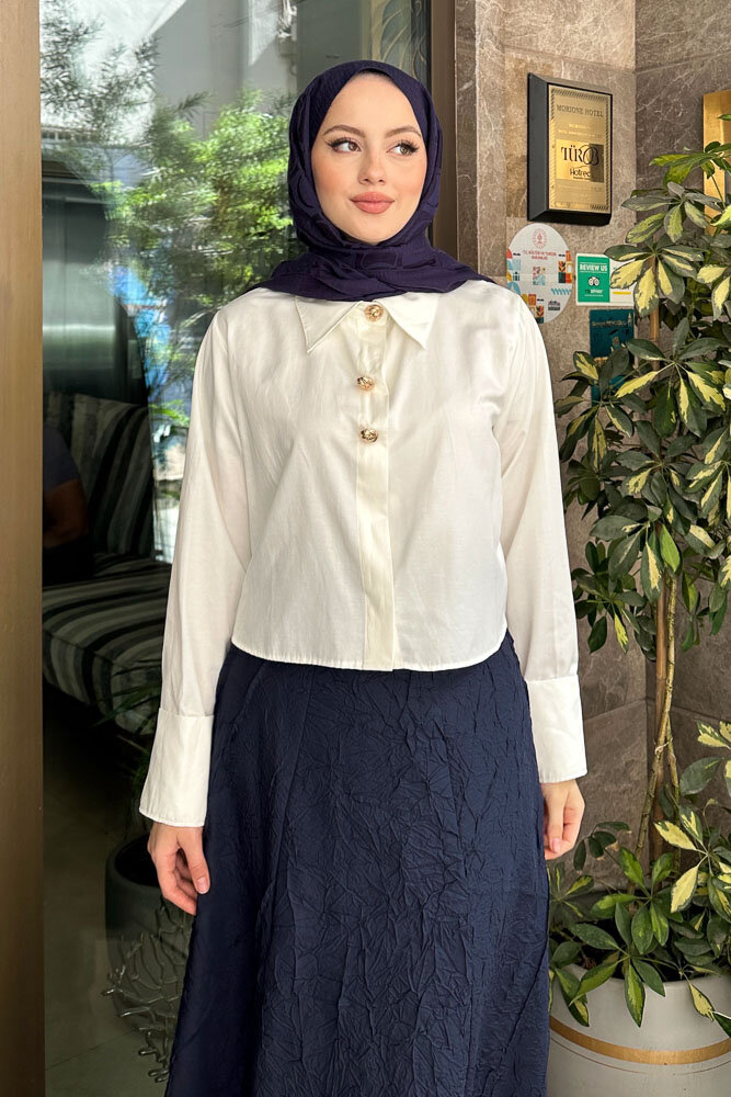 Üç Düğmeli Büzgülü Gömlek - Ekru - 4