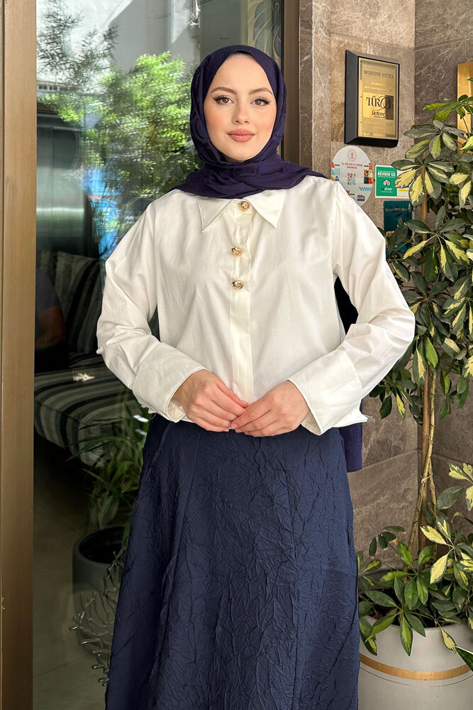 Üç Düğmeli Büzgülü Gömlek - Ekru - 2
