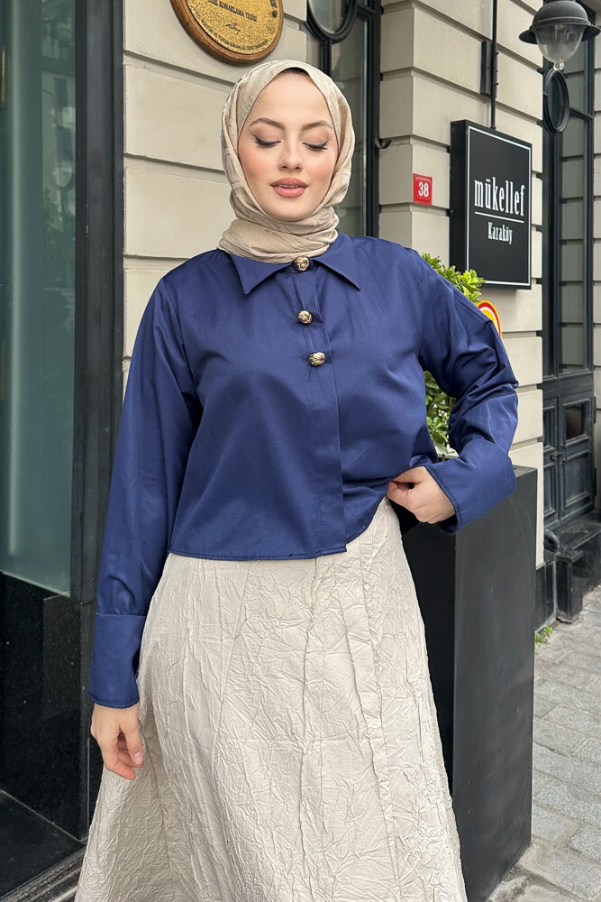 Üç Düğmeli Büzgülü Gömlek - Lacivert - 1