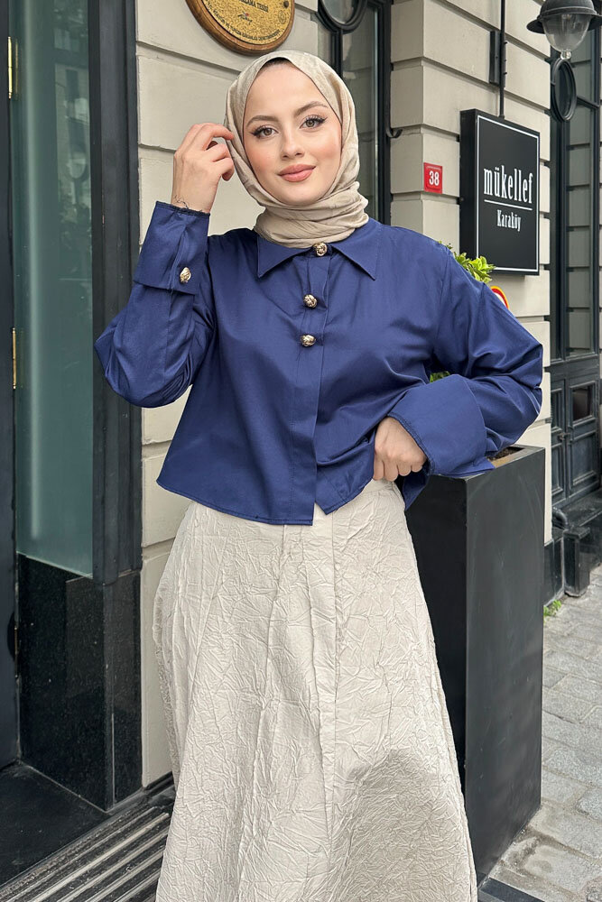 Üç Düğmeli Büzgülü Gömlek - Lacivert - HENZA (4)