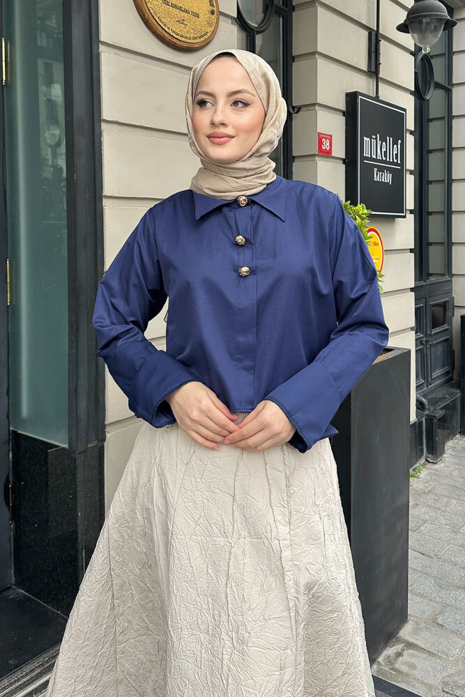 Üç Düğmeli Büzgülü Gömlek - Lacivert - HENZA (5)