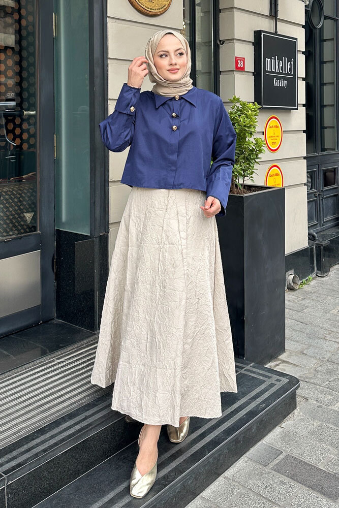 Üç Düğmeli Büzgülü Gömlek - Lacivert - HENZA (2)