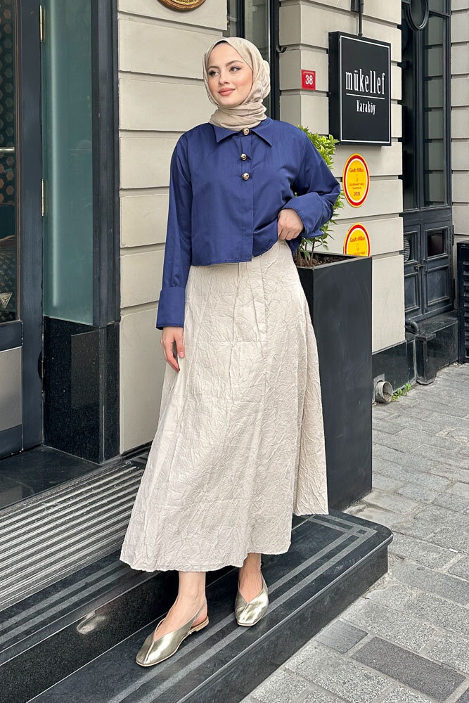 Üç Düğmeli Büzgülü Gömlek - Lacivert - HENZA (1)