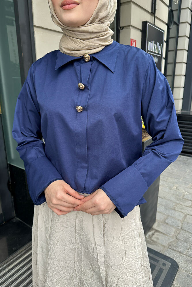 Üç Düğmeli Büzgülü Gömlek - Lacivert - 4