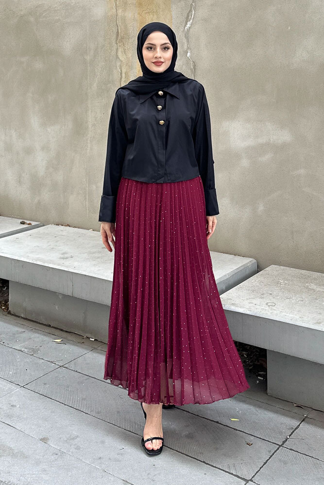 Üç Düğmeli Büzgülü Gömlek - Siyah - HENZA (3)