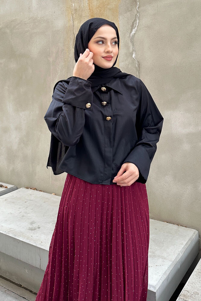 Üç Düğmeli Büzgülü Gömlek - Siyah - HENZA (1)