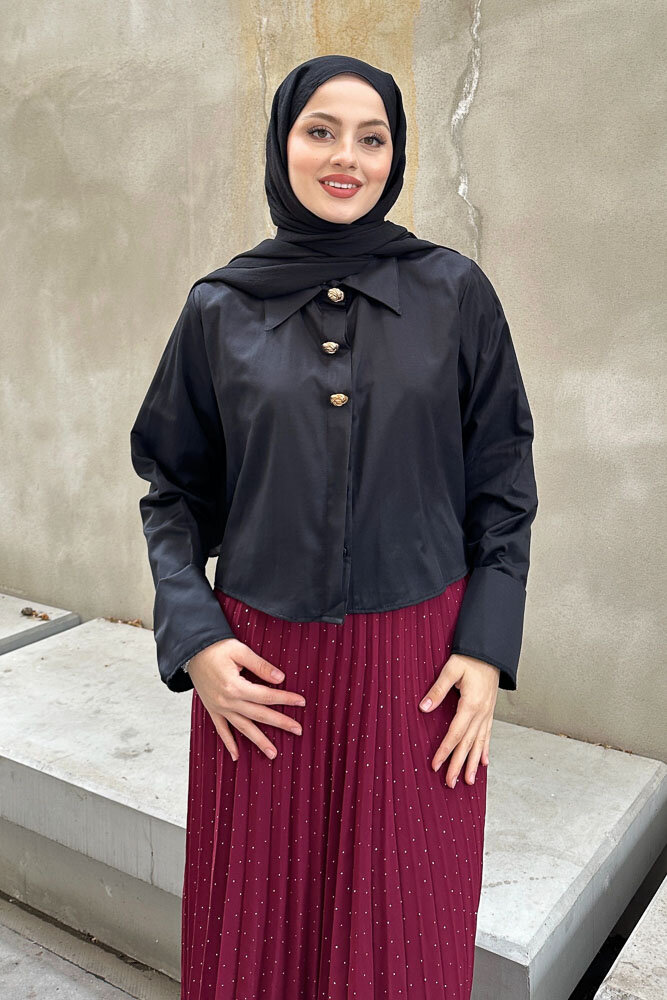 Üç Düğmeli Büzgülü Gömlek - Siyah - HENZA (4)