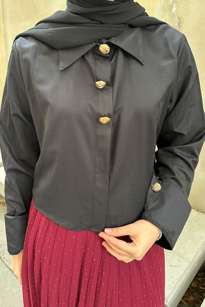 Üç Düğmeli Büzgülü Gömlek - Siyah - HENZA (2)