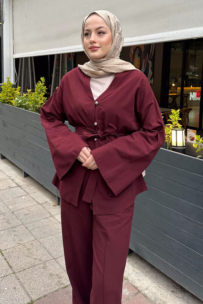 Üç Düğmeli Pamuk Takım - Bordo - 3