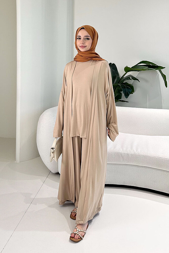 Üçlü Penye Pantolon Takım - Bej - 7