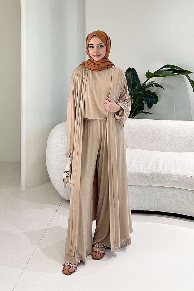 Üçlü Penye Pantolon Takım - Bej - 1