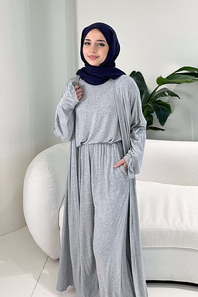 Üçlü Penye Pantolon Takım - Gri - 3