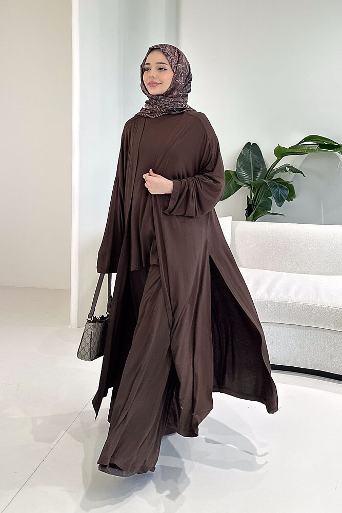 Üçlü Penye Pantolon Takım - Kahverengi - 4