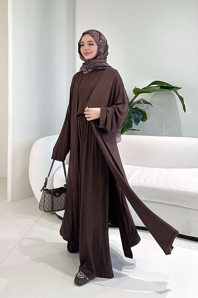 Üçlü Penye Pantolon Takım - Kahverengi - 1