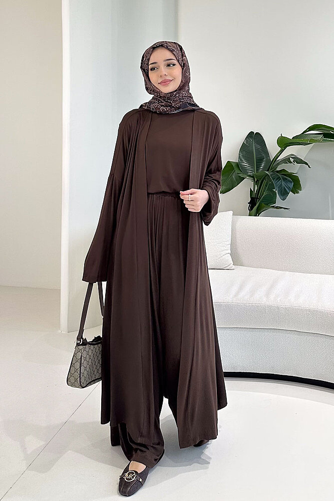 Üçlü Penye Pantolon Takım - Kahverengi - 2