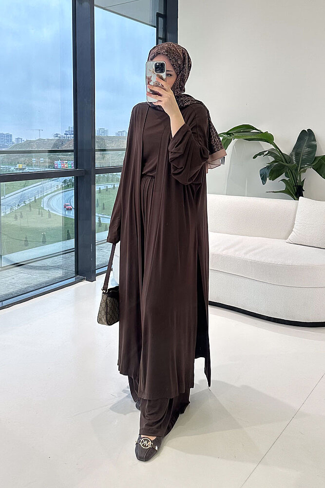 Üçlü Penye Pantolon Takım - Kahverengi - 3