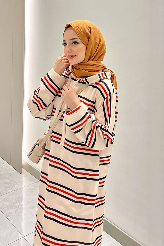 Urban Cozy Kapüşonlu Elbise - Bej-Oranj - ALLMİSS (3)