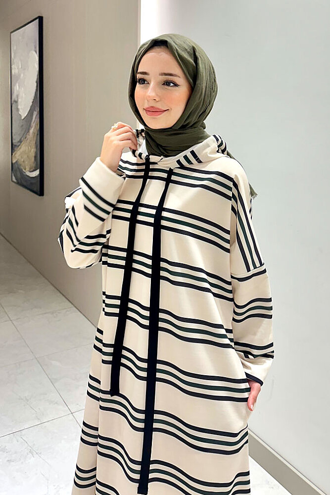 Urban Cozy Kapüşonlu Elbise - Bej-Siyah - ALLMİSS (1)