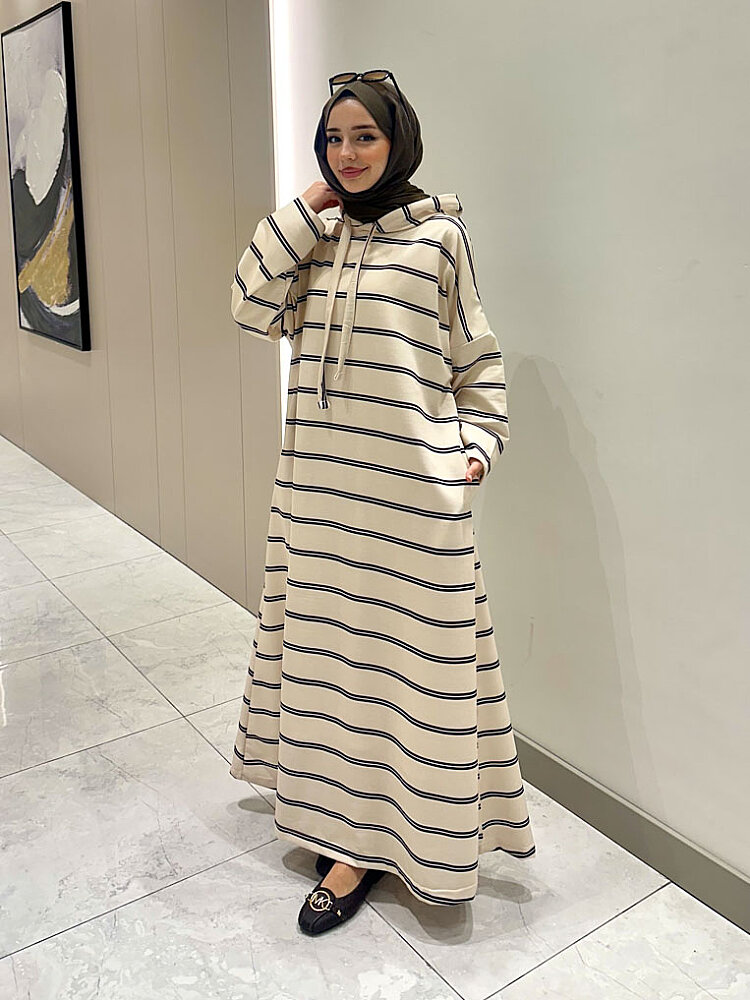 Urban Cozy Kapüşonlu Elbise - Bej-Yeşil - ALLMİSS (1)