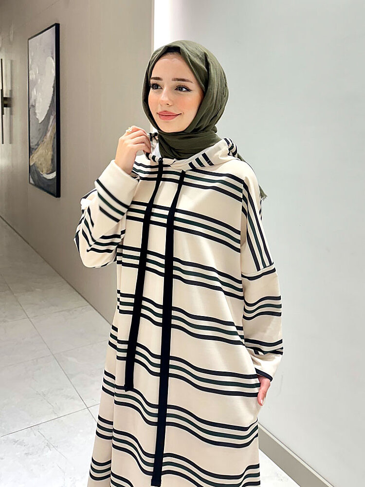 Urban Cozy Kapüşonlu Elbise - Bej-Yeşil - ALLMİSS (0)