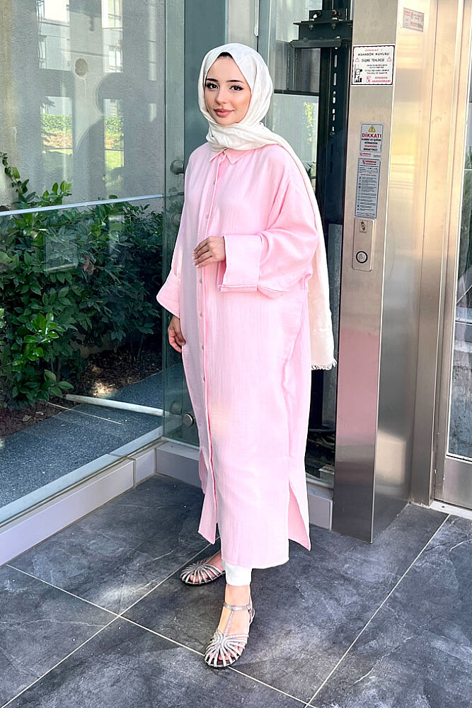 Uzun Müslin Gömlek - Pembe - 1
