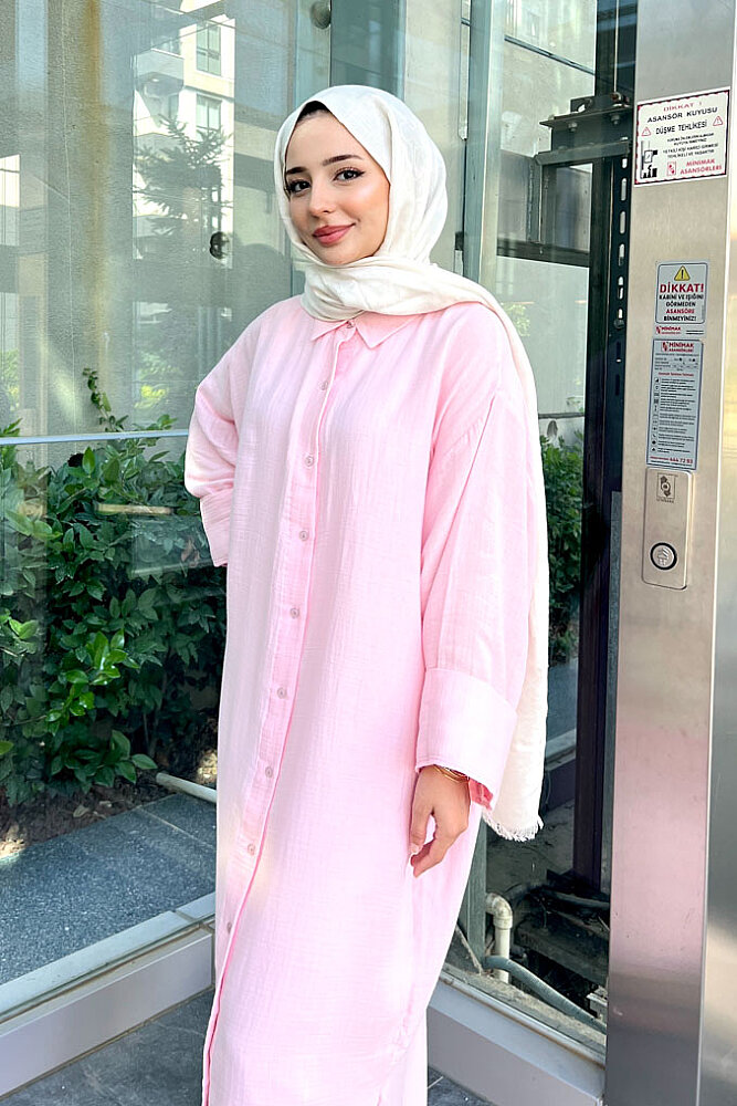 Uzun Müslin Gömlek - Pembe - 2