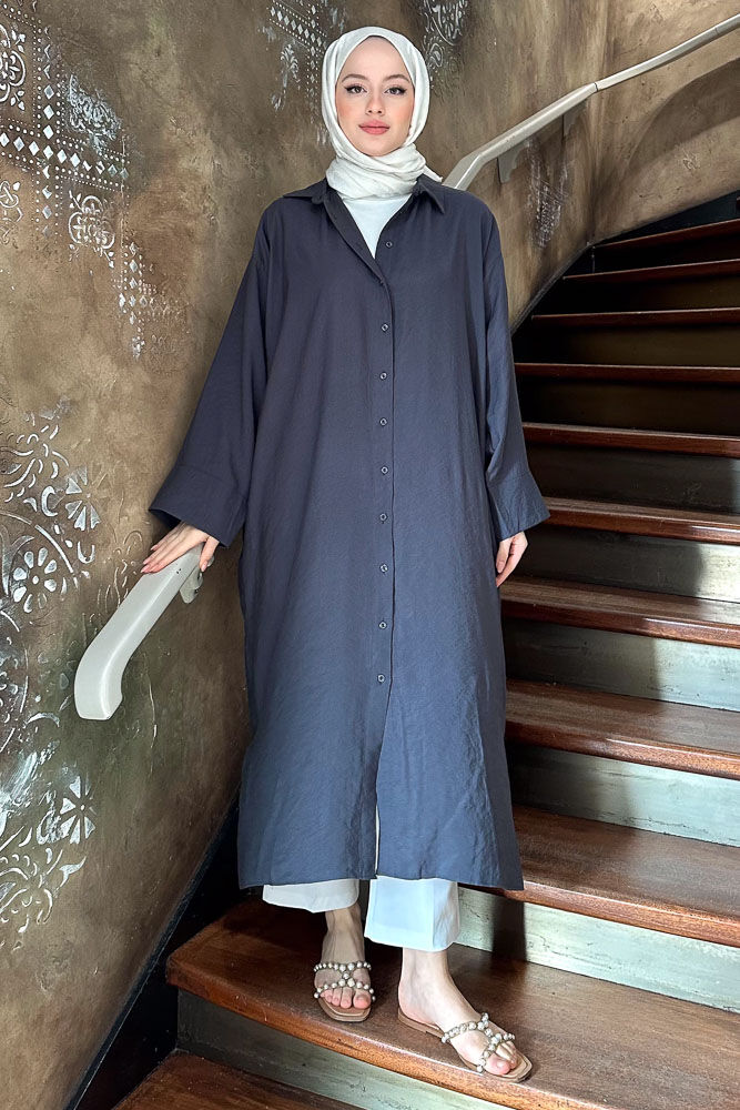 Uzun Tencel Gömlek - Antrasit - ENMA (3)