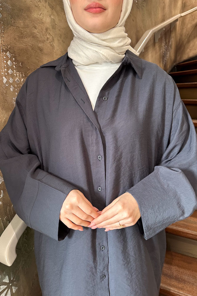 Uzun Tencel Gömlek - Antrasit - ENMA (4)