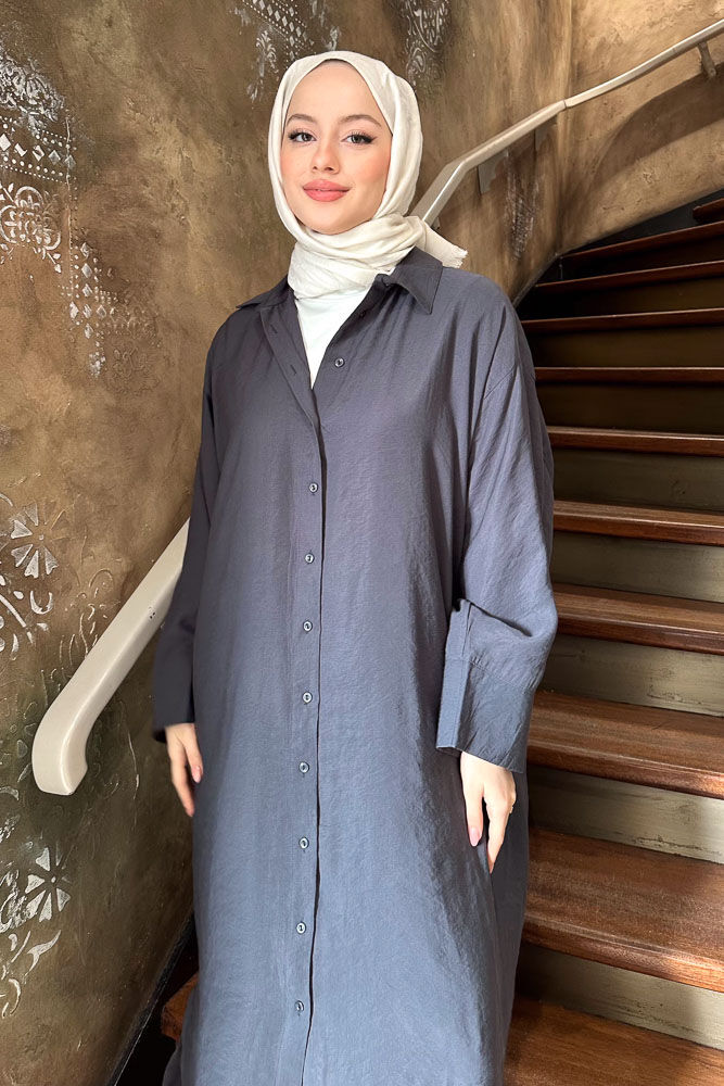 Uzun Tencel Gömlek - Antrasit - ENMA (2)