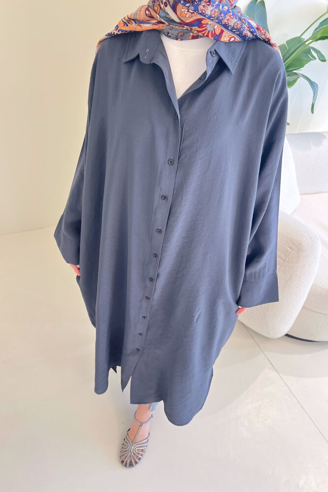 Uzun Tencel Gömlek - Antrasit - 4