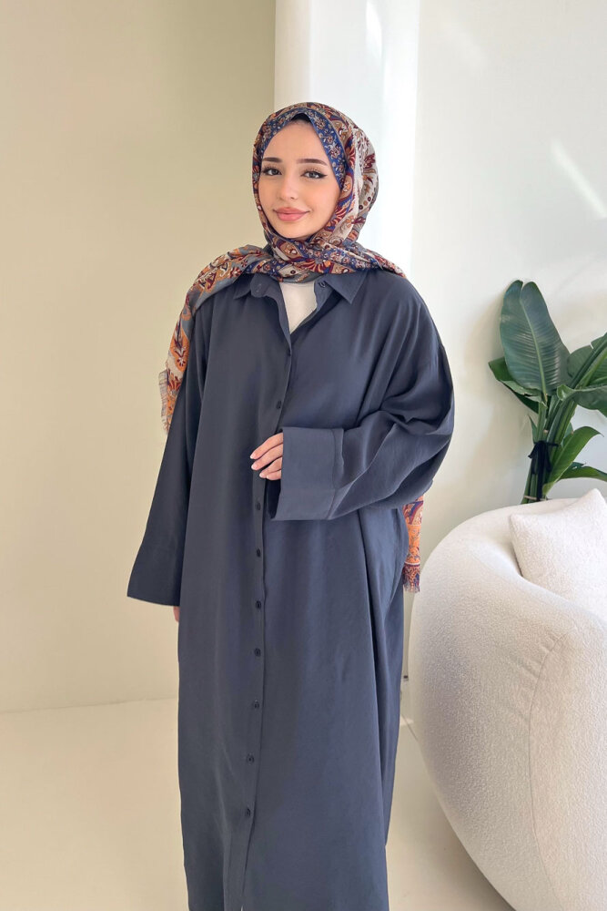 Uzun Tencel Gömlek - Antrasit - 8