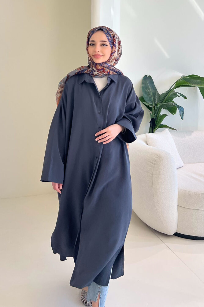 Uzun Tencel Gömlek - Antrasit - 2