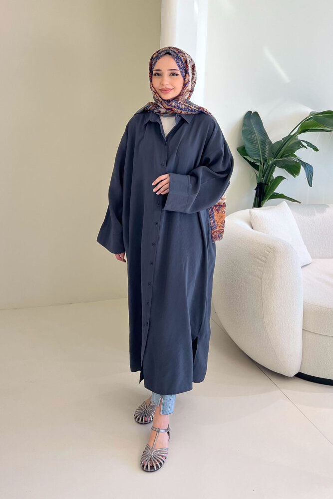 Uzun Tencel Gömlek - Antrasit - ENMA (4)