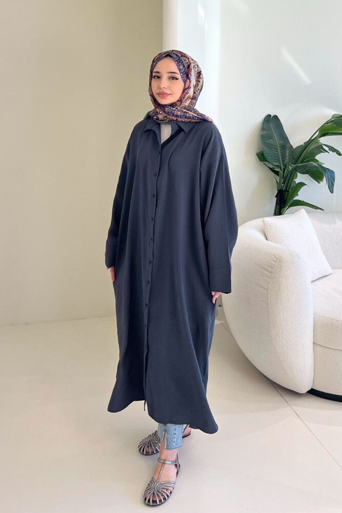 Uzun Tencel Gömlek - Antrasit - 1