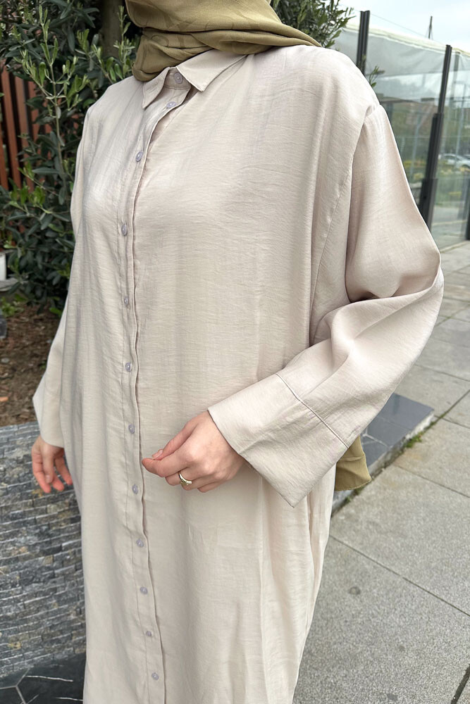 Uzun Tencel Gömlek - Bej - ENMA (4)