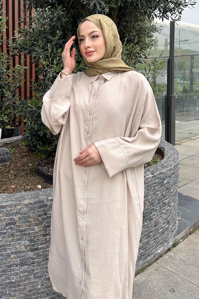 Uzun Tencel Gömlek - Bej - ENMA (2)